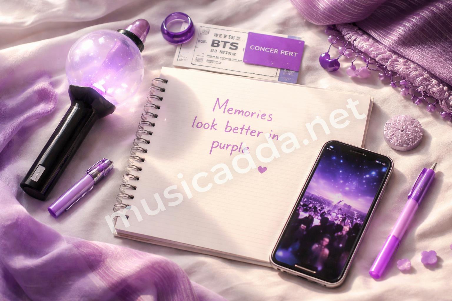 Bts concert caption flatlay ticket lightstick journal