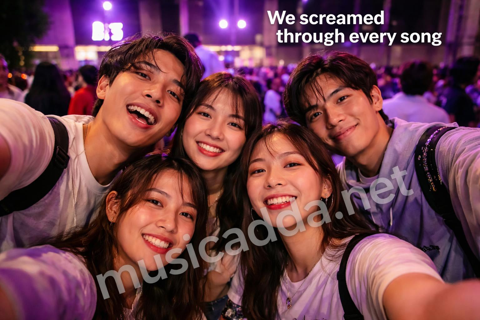 Bts group selfie concert night friends purple