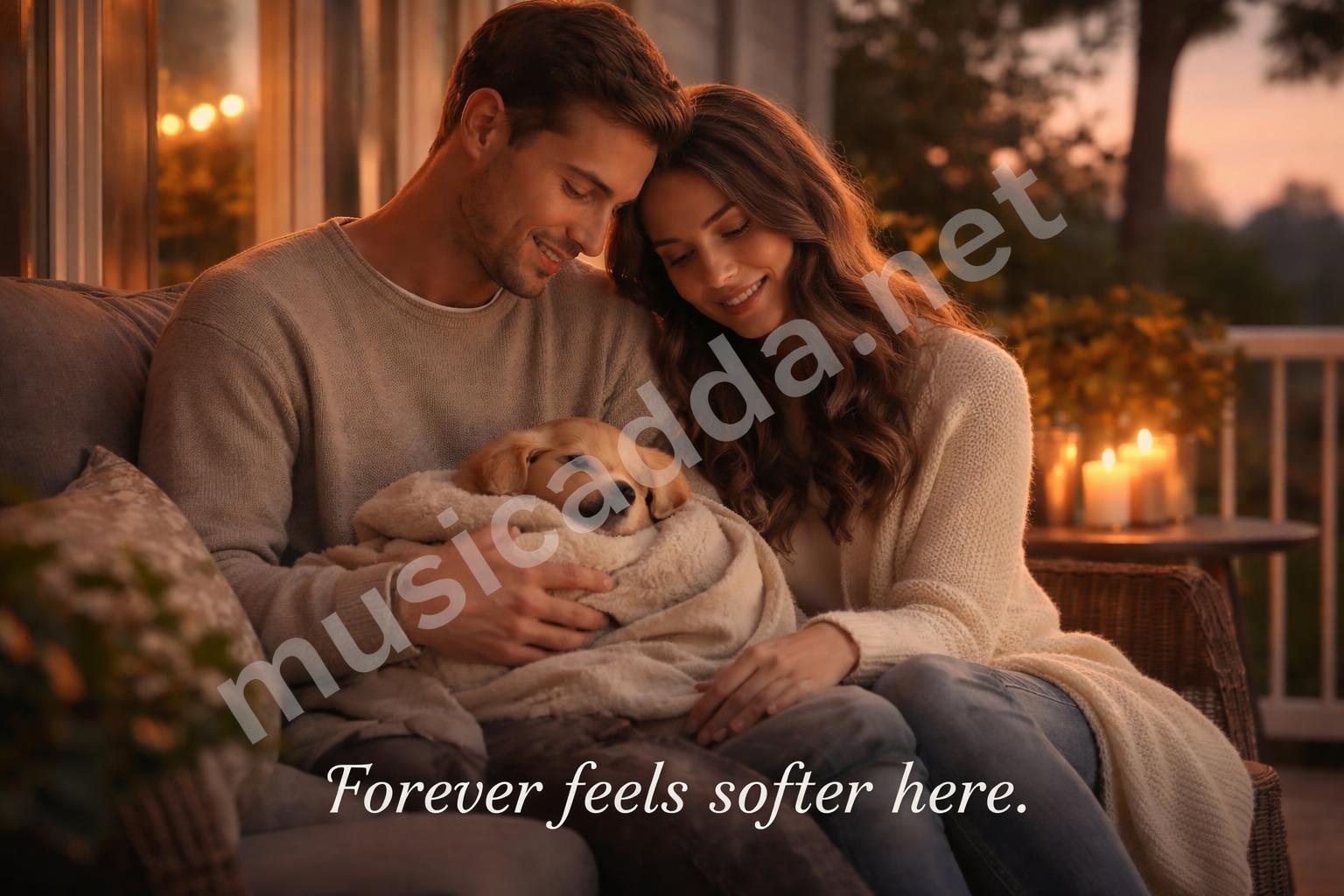 Couple holding pet soft romantic evening