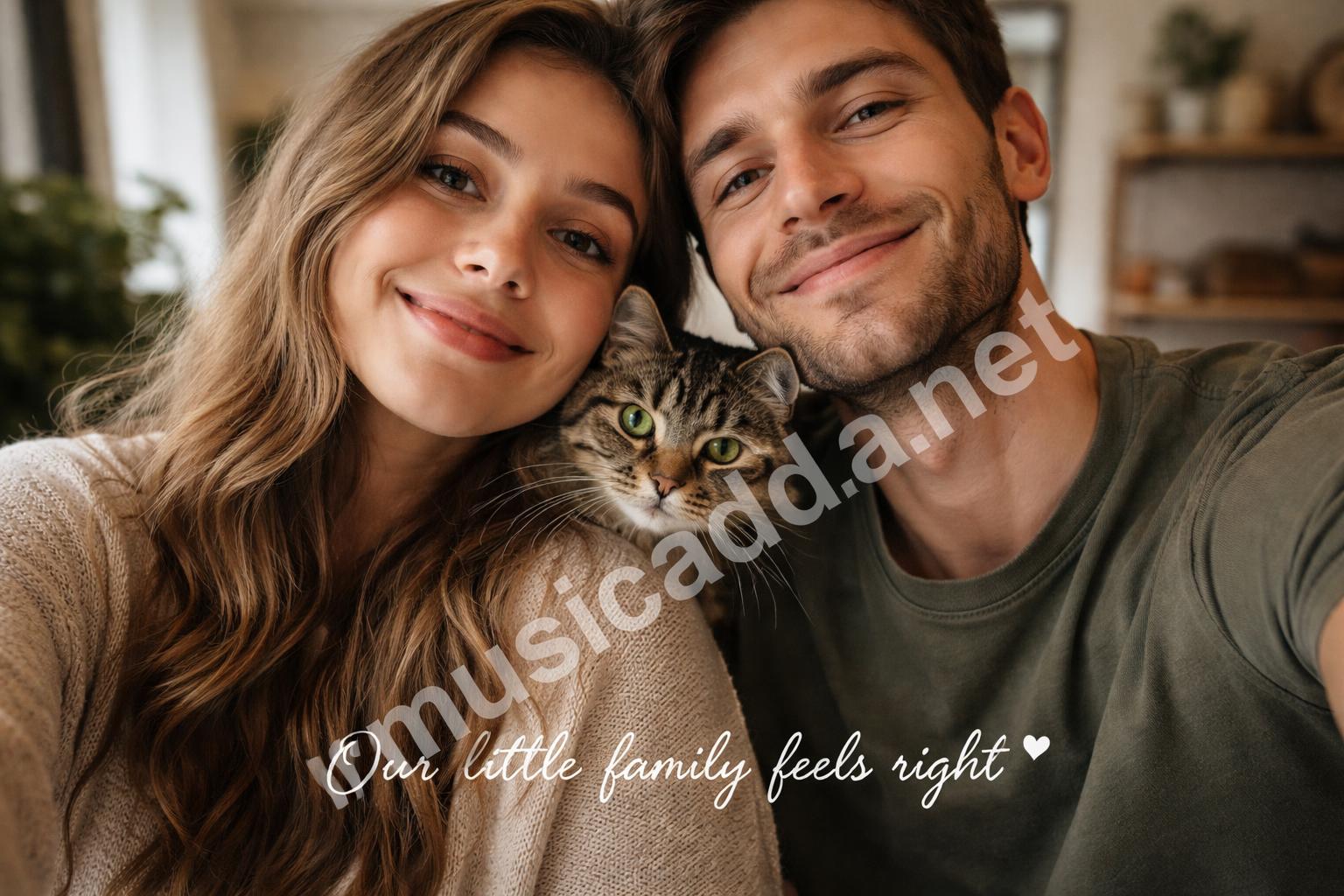 Couple selfie with cat romantic candid