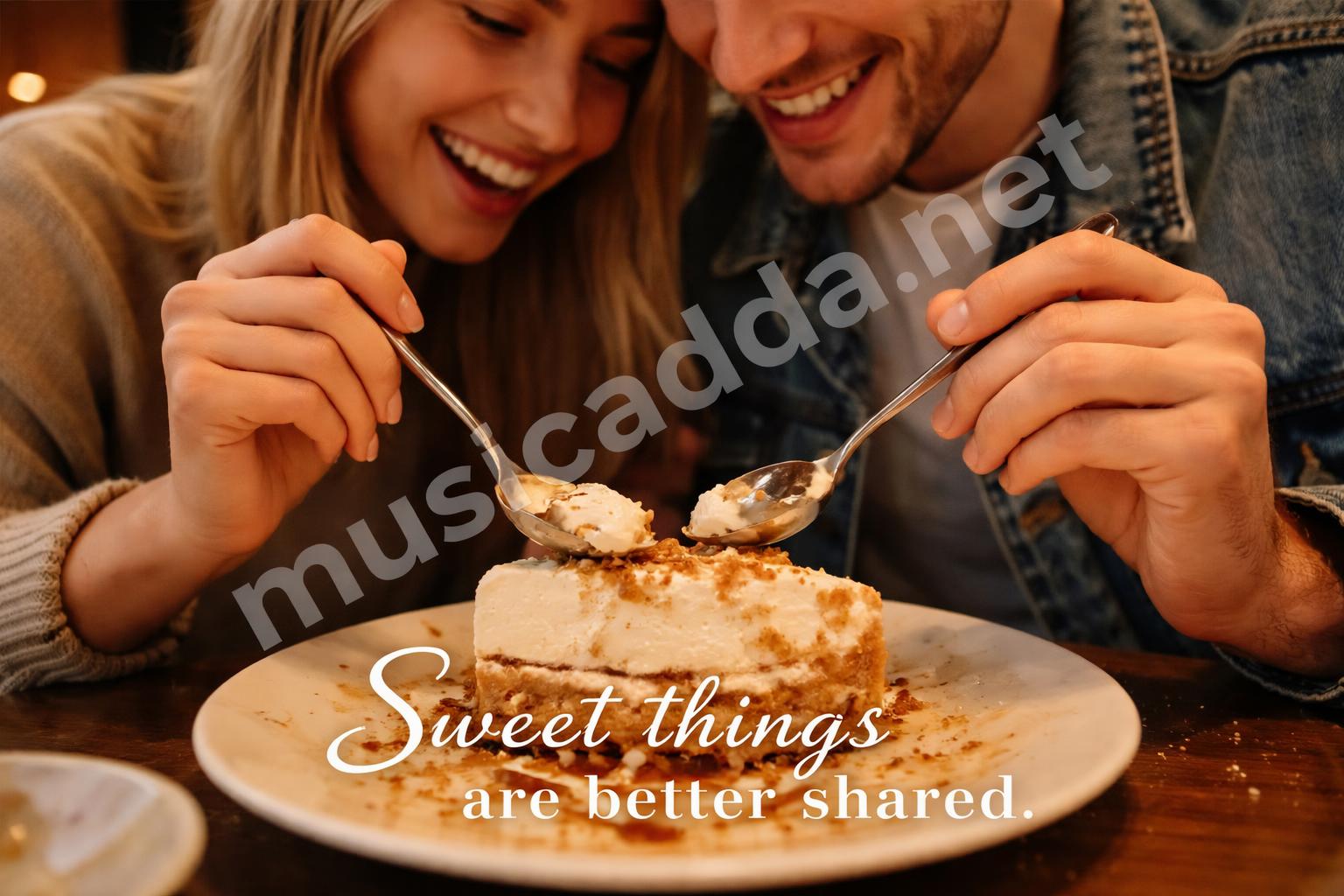 Couple sharing dessert with spoons close up