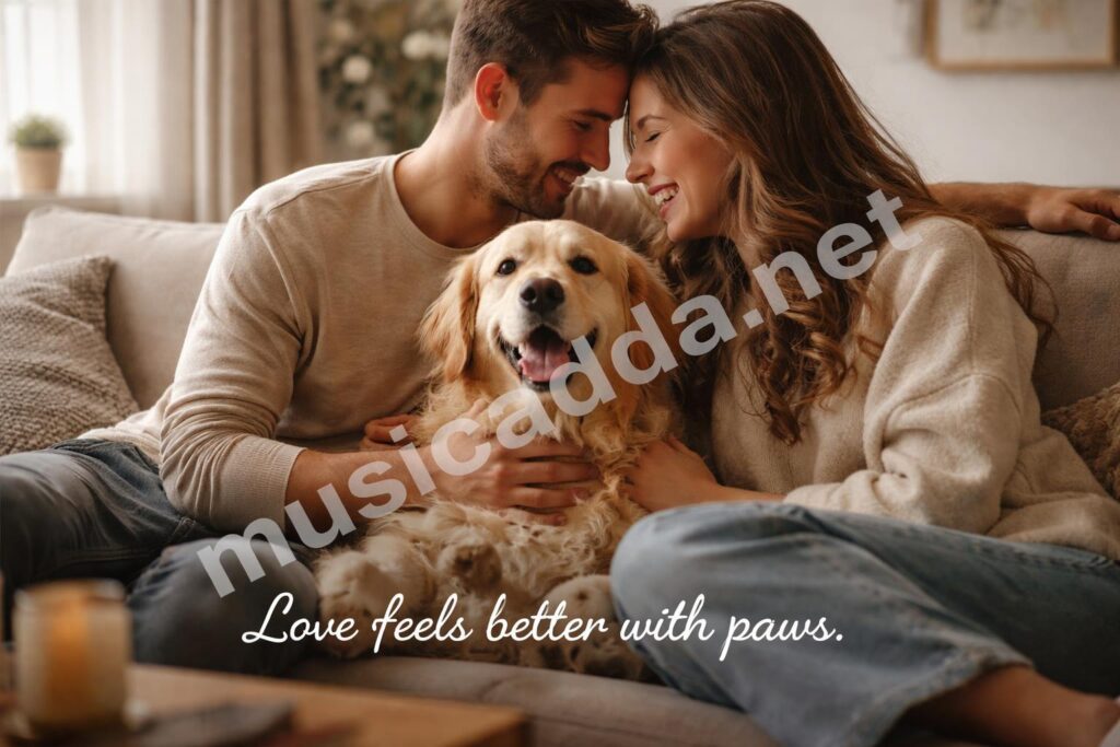 Couple with dog cozy love caption hero