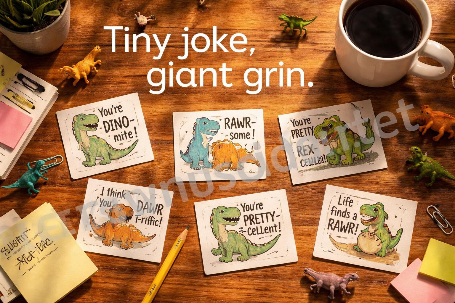 Dinosaur puns flat lay joke cards
