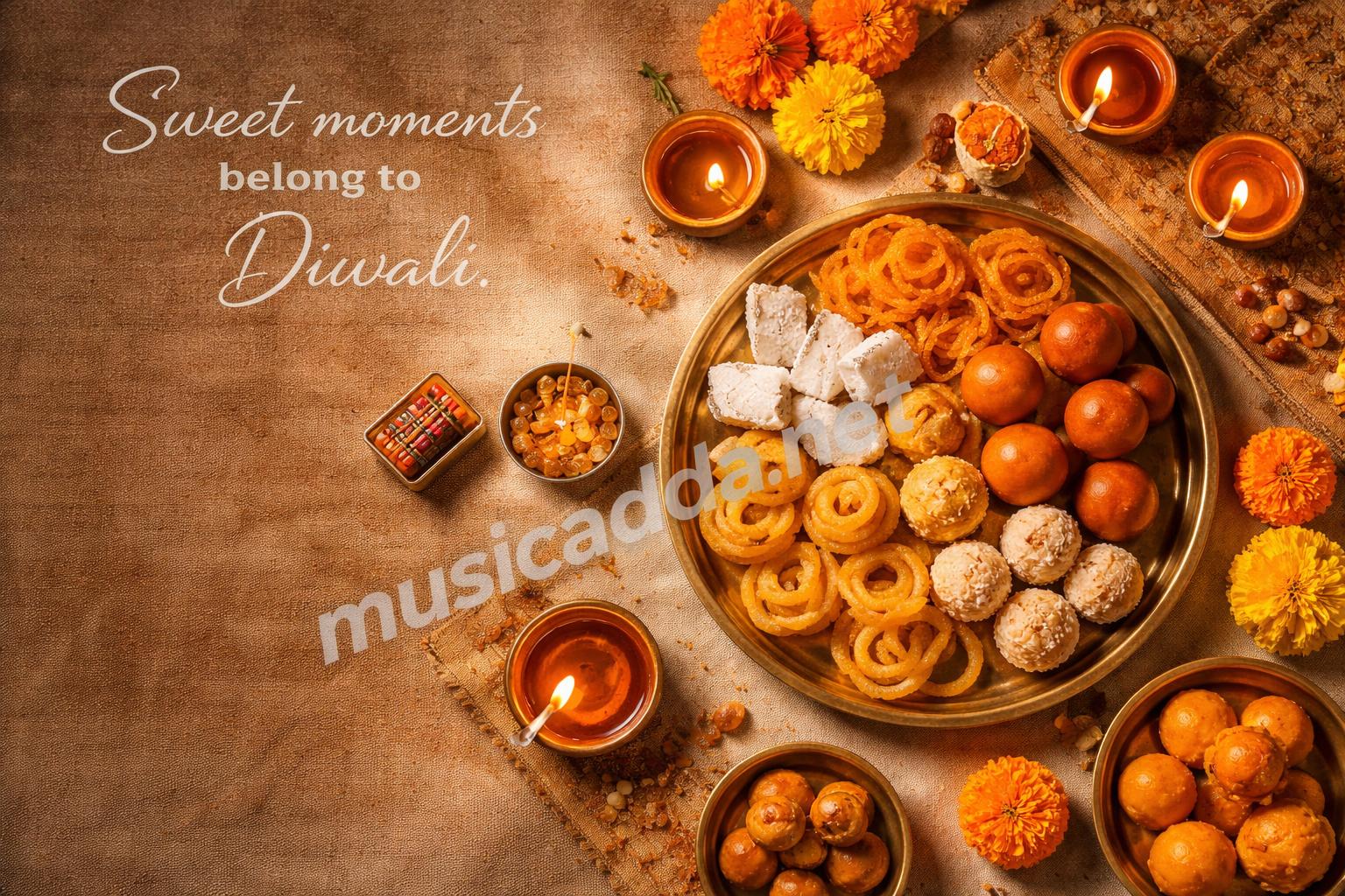 Diwali sweets diya lamps festive flatlay