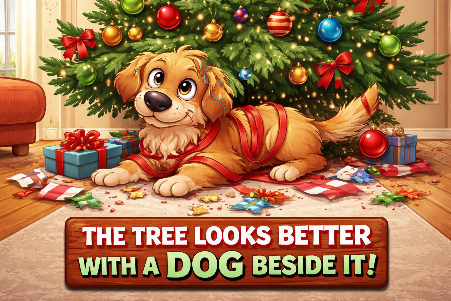 Dog under christmas tree holiday pun