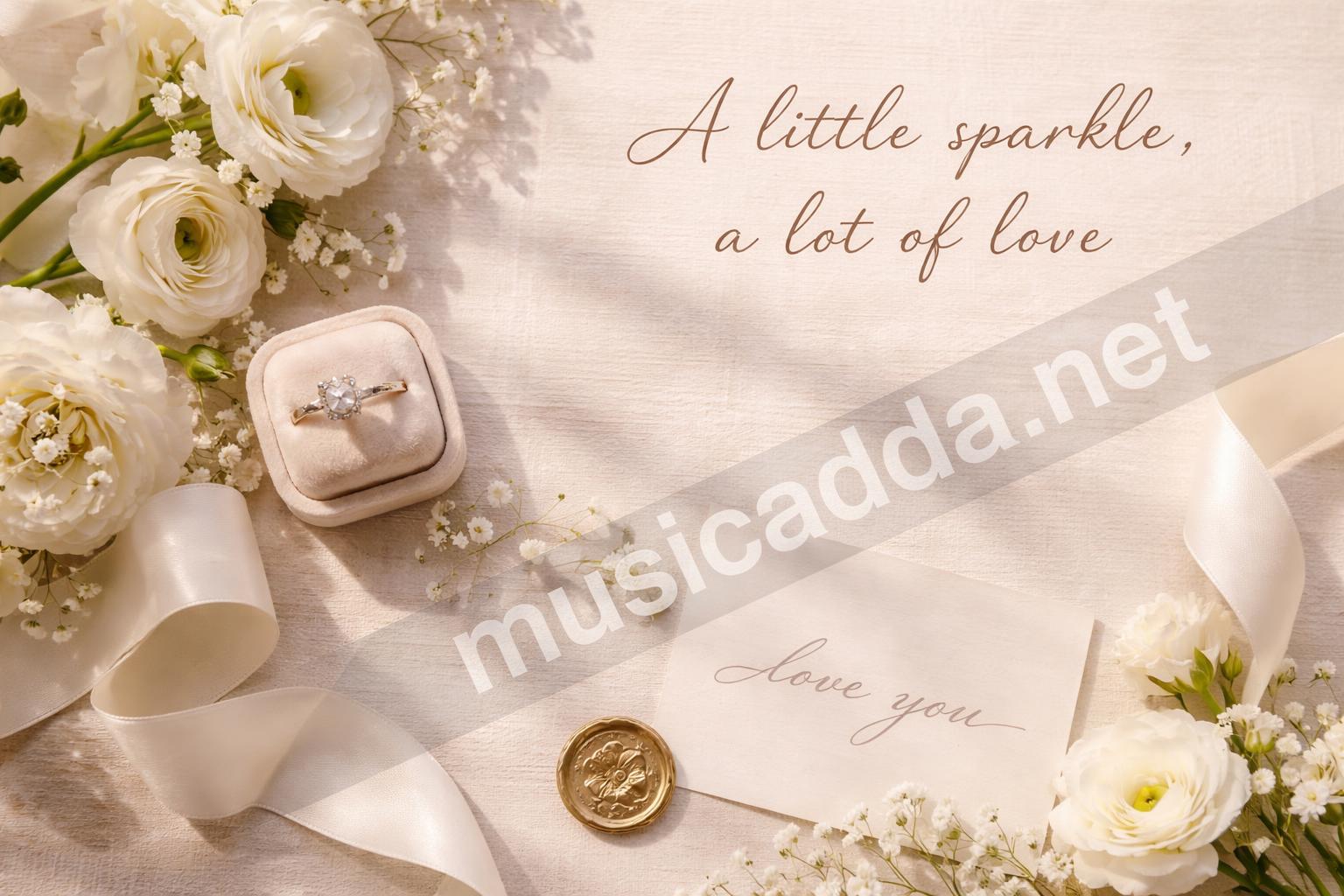 Engagement ring and flower flat lay caption