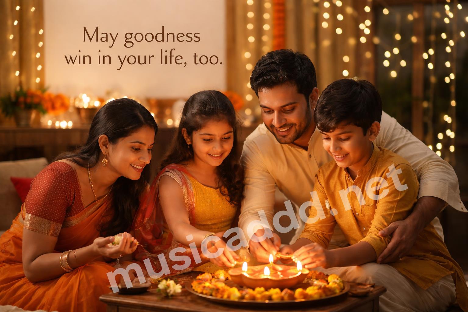 Family celebrating dussehra with festival lights and diya