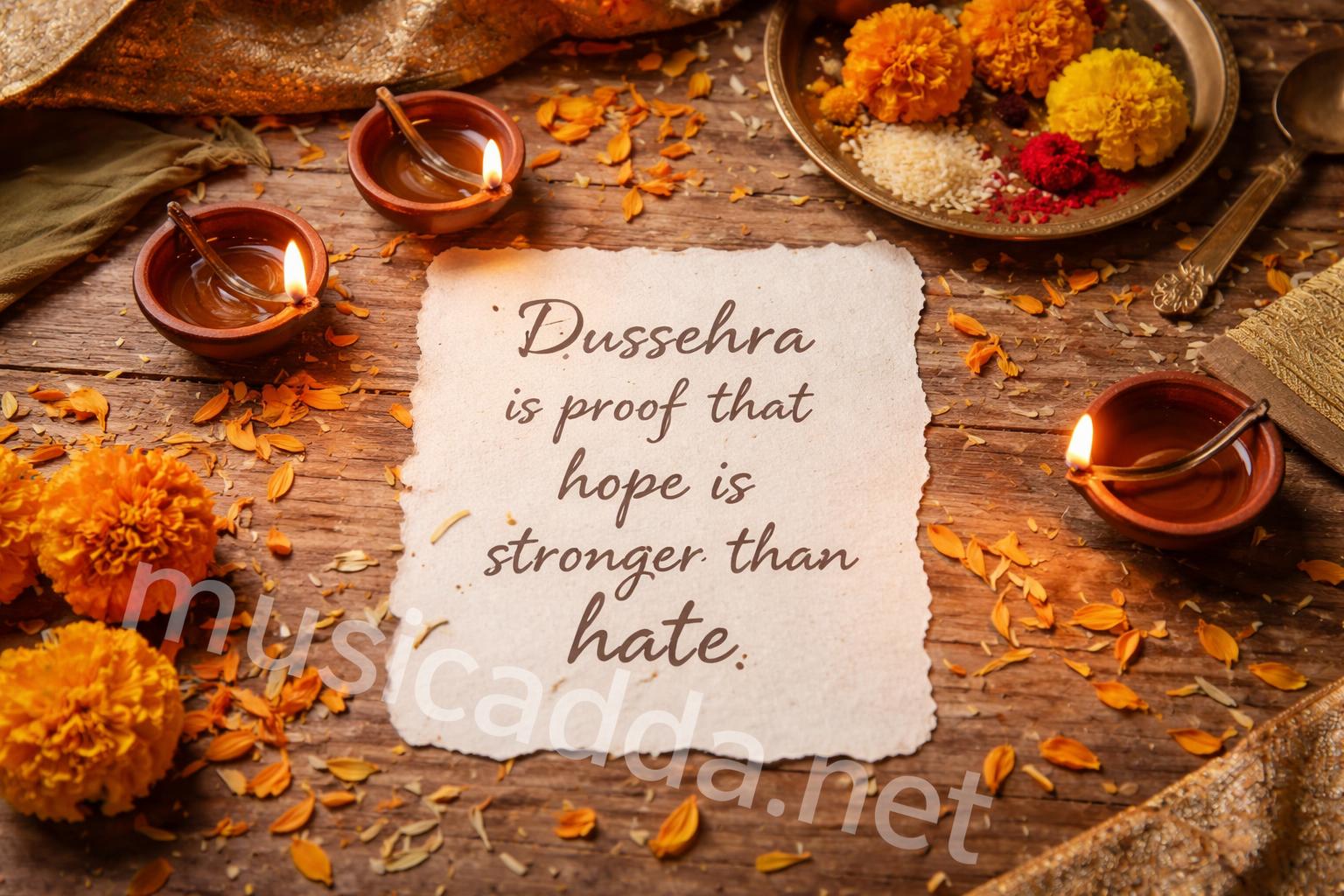 Festive dussehra lights and quote card flat lay