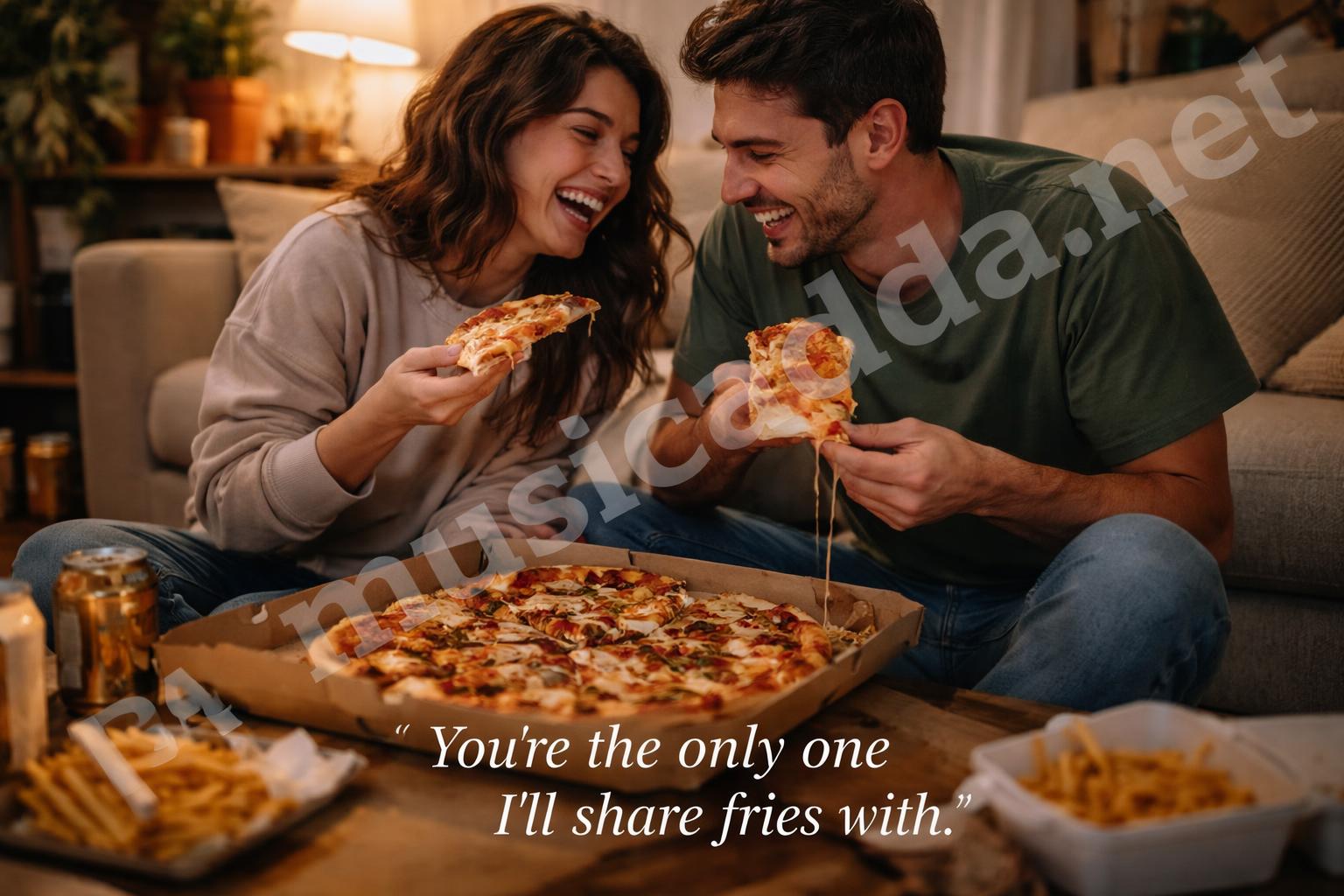 Funny pizza date night couple photo