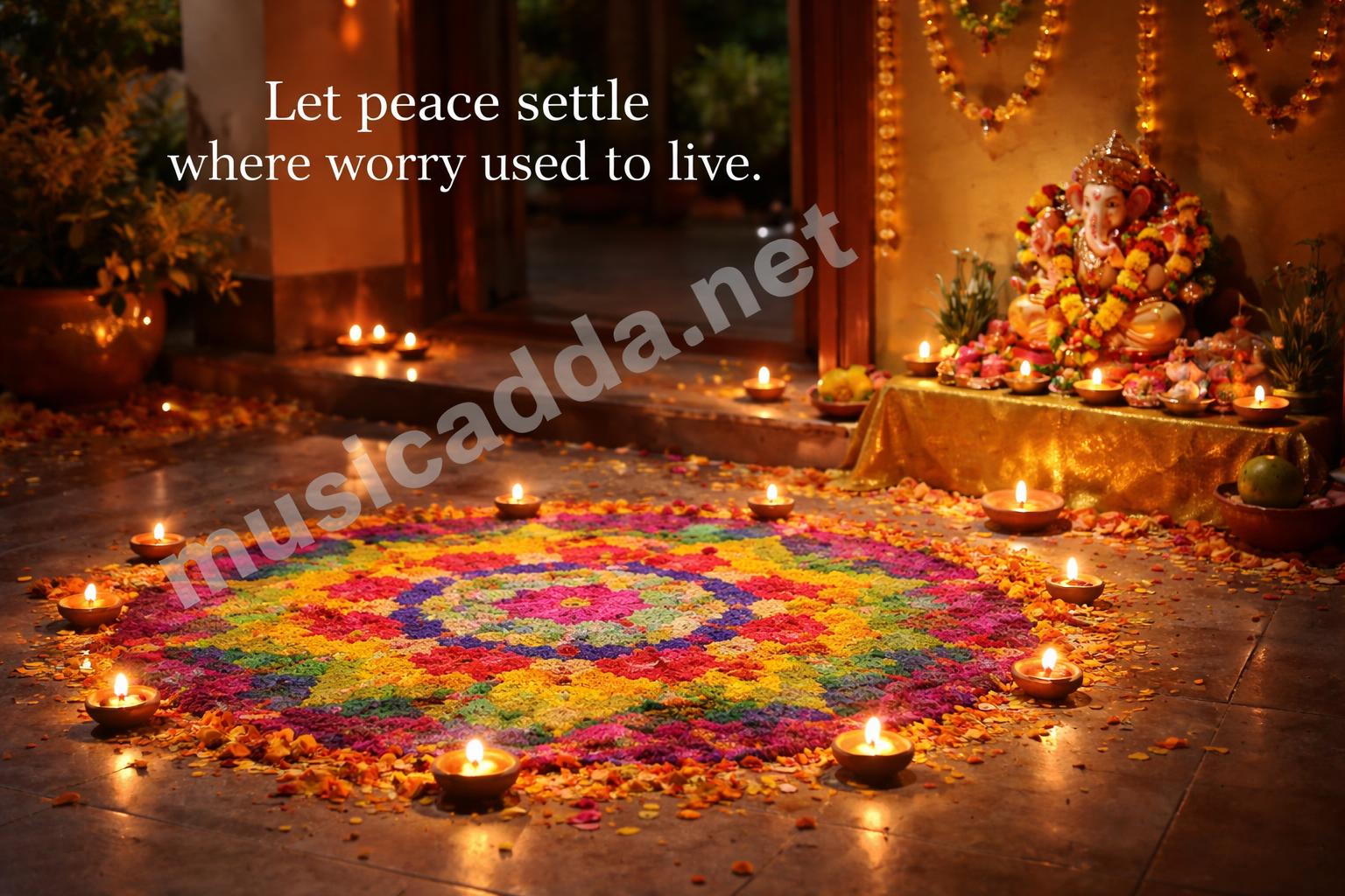 Ganesh chaturthi rangoli and diya evening scene