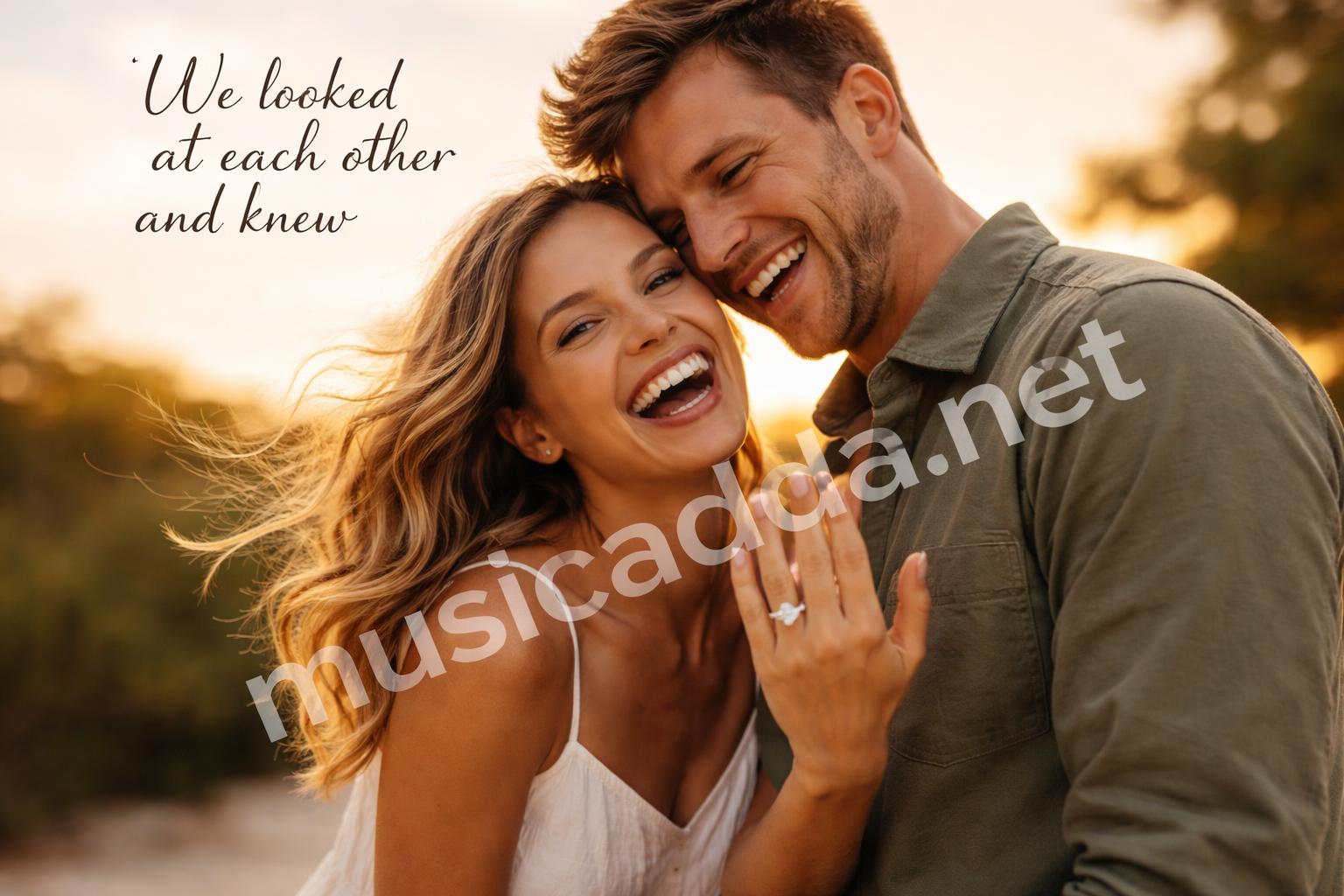 Happy engaged couple outdoor proposal caption