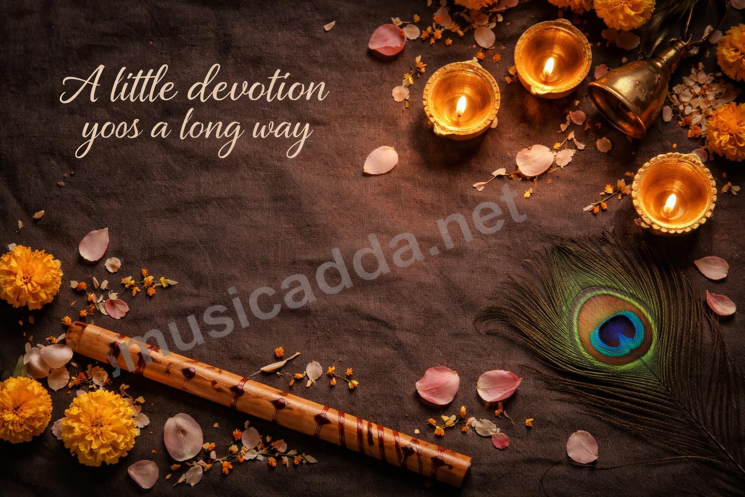 Janmashtami flat lay diyas flute flower petals