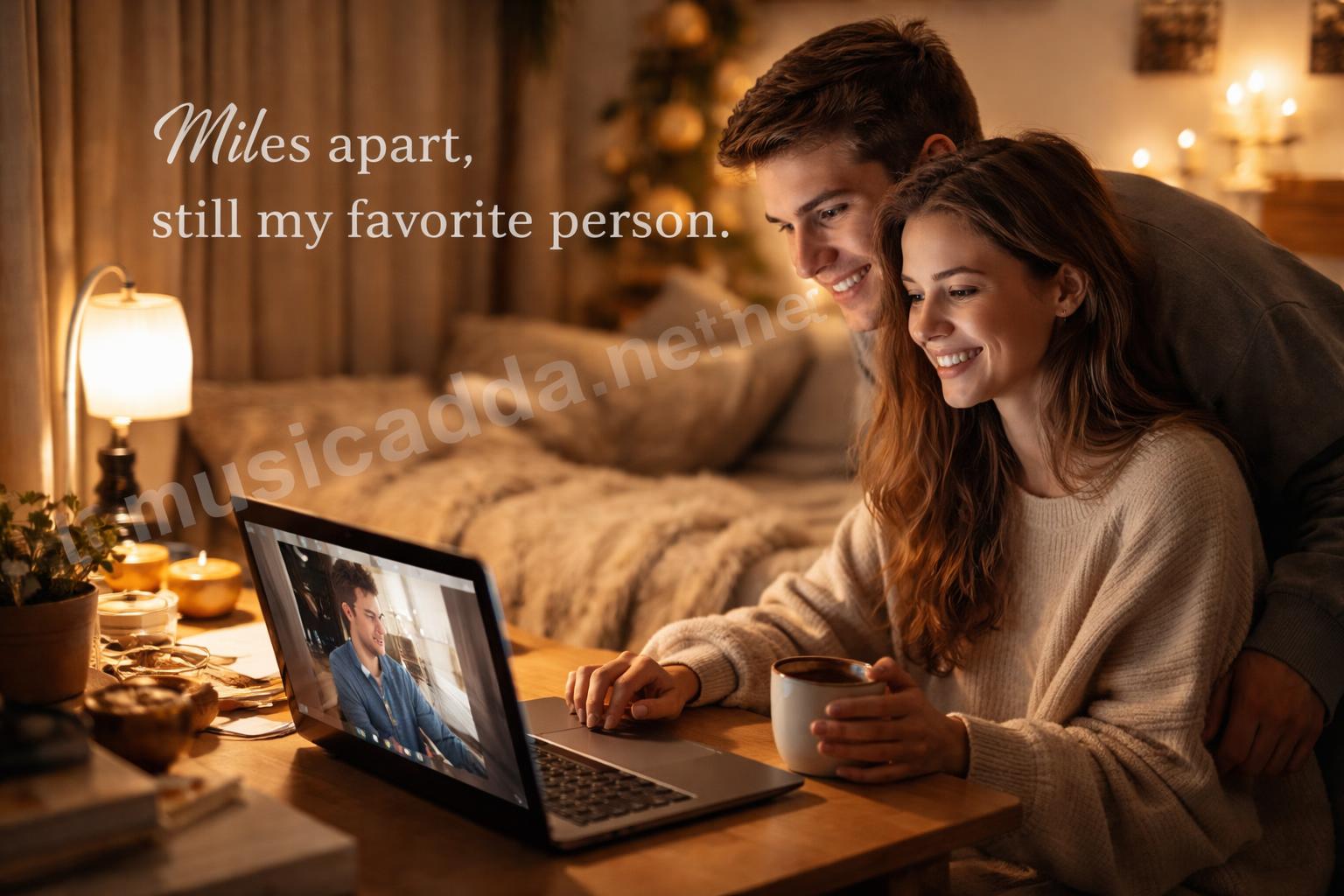 Long distance couple laptop heartfelt caption