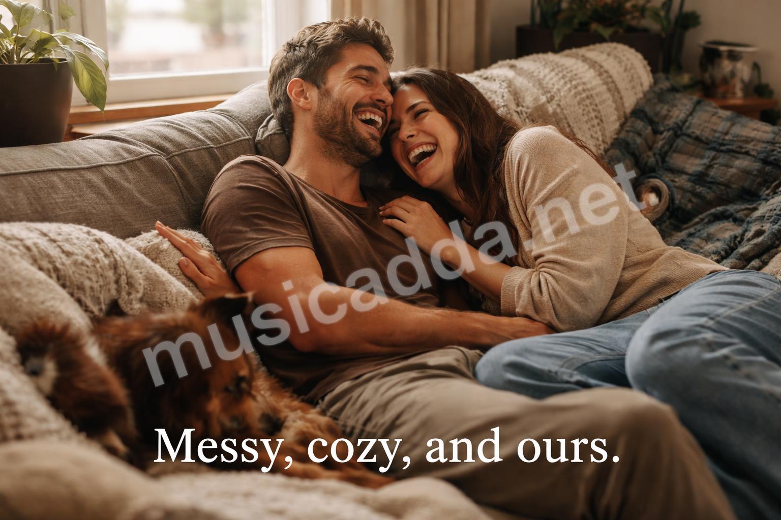Messy sofa couple pet home scene