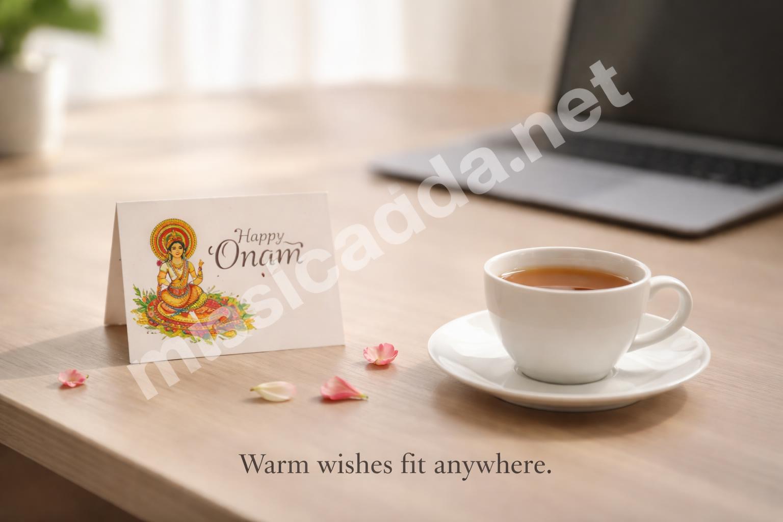 Office desk with simple onam greeting