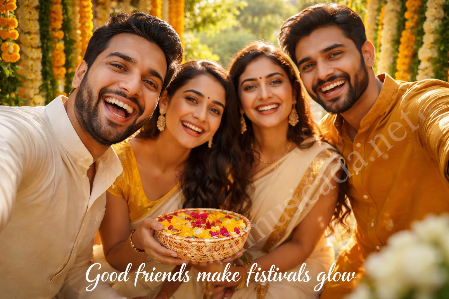 Onam friends group selfie with flower decoration