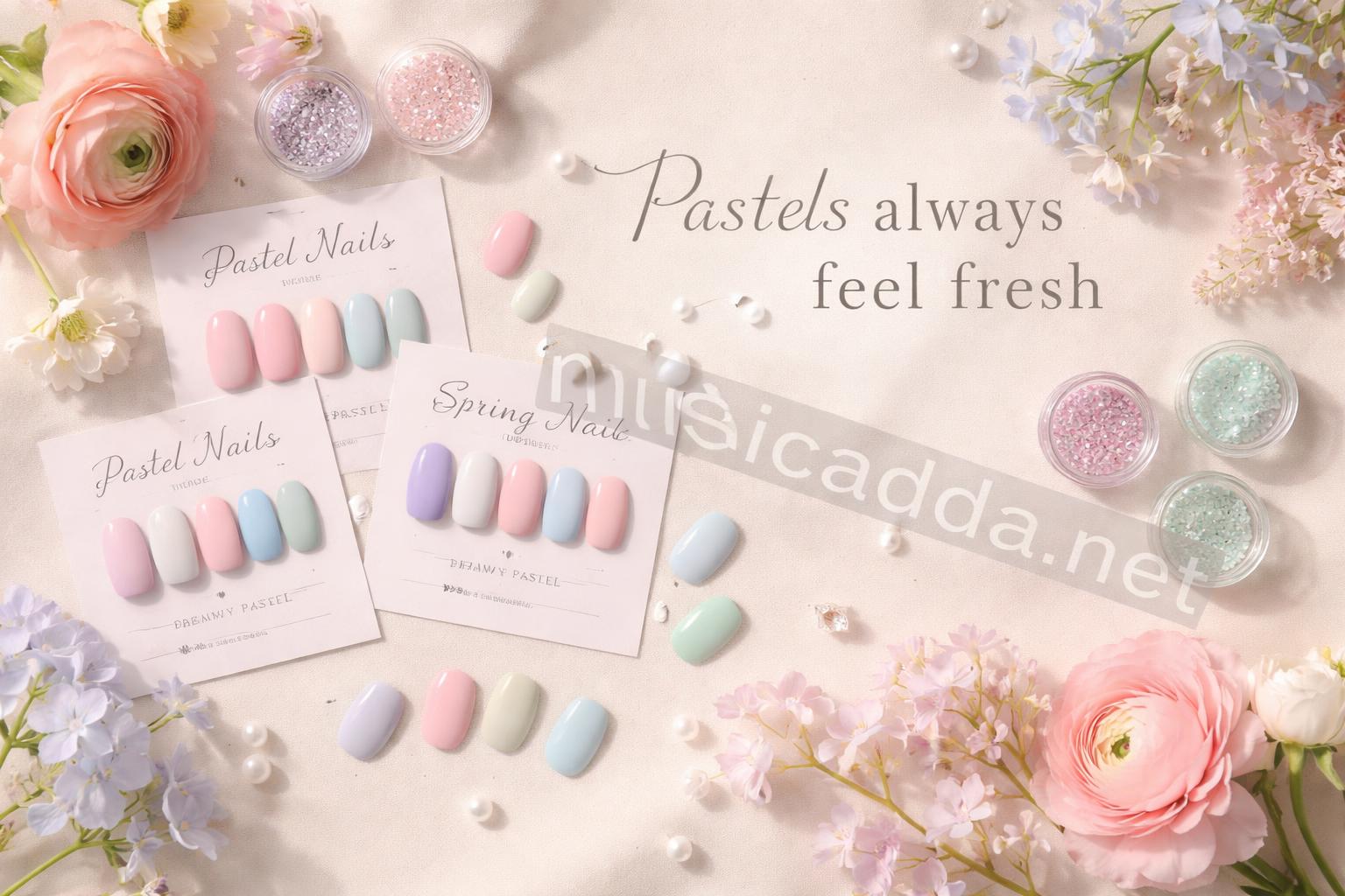 Pastel acrylic nail designs flatlay aesthetic