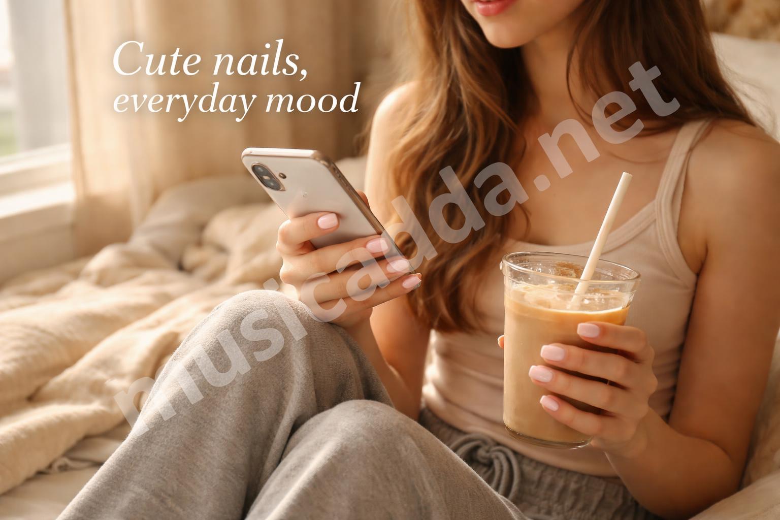 Pink acrylic nails lifestyle room aesthetic