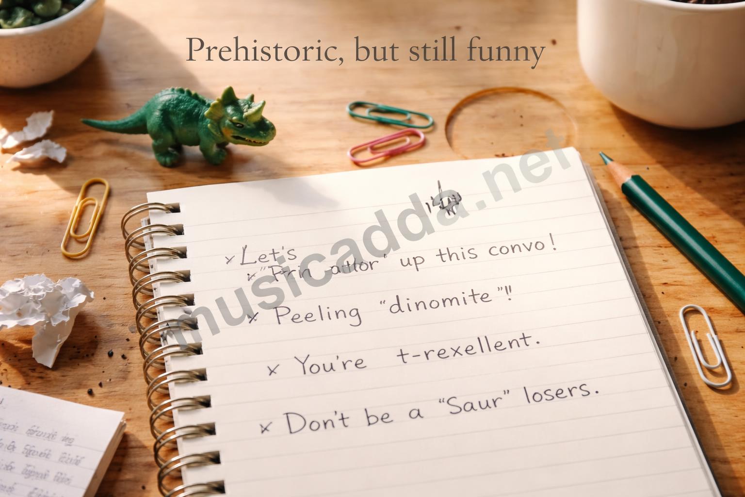 Prehistoric desk pun notes and toy dinosaur