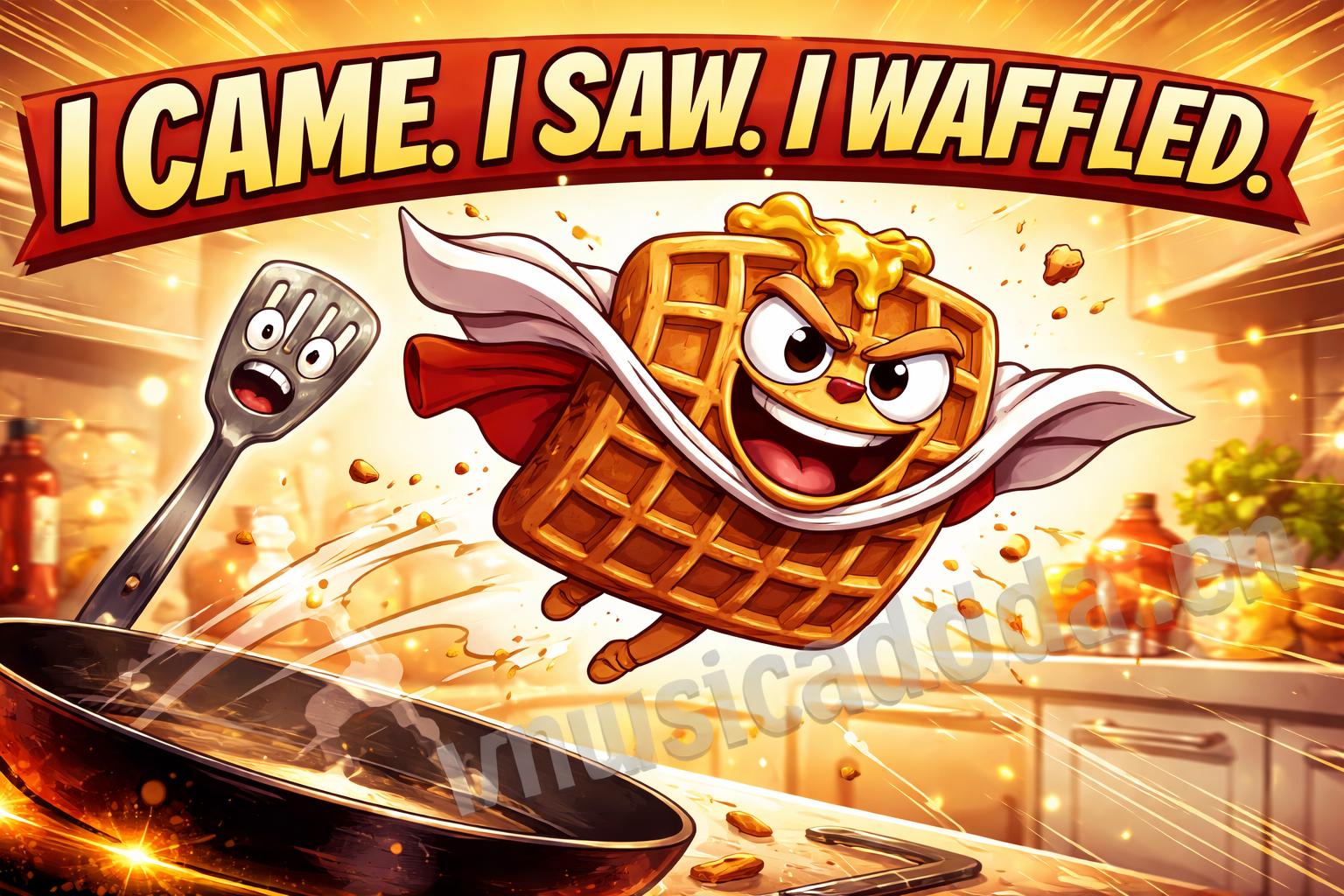 Ridiculous waffle puns comic panel