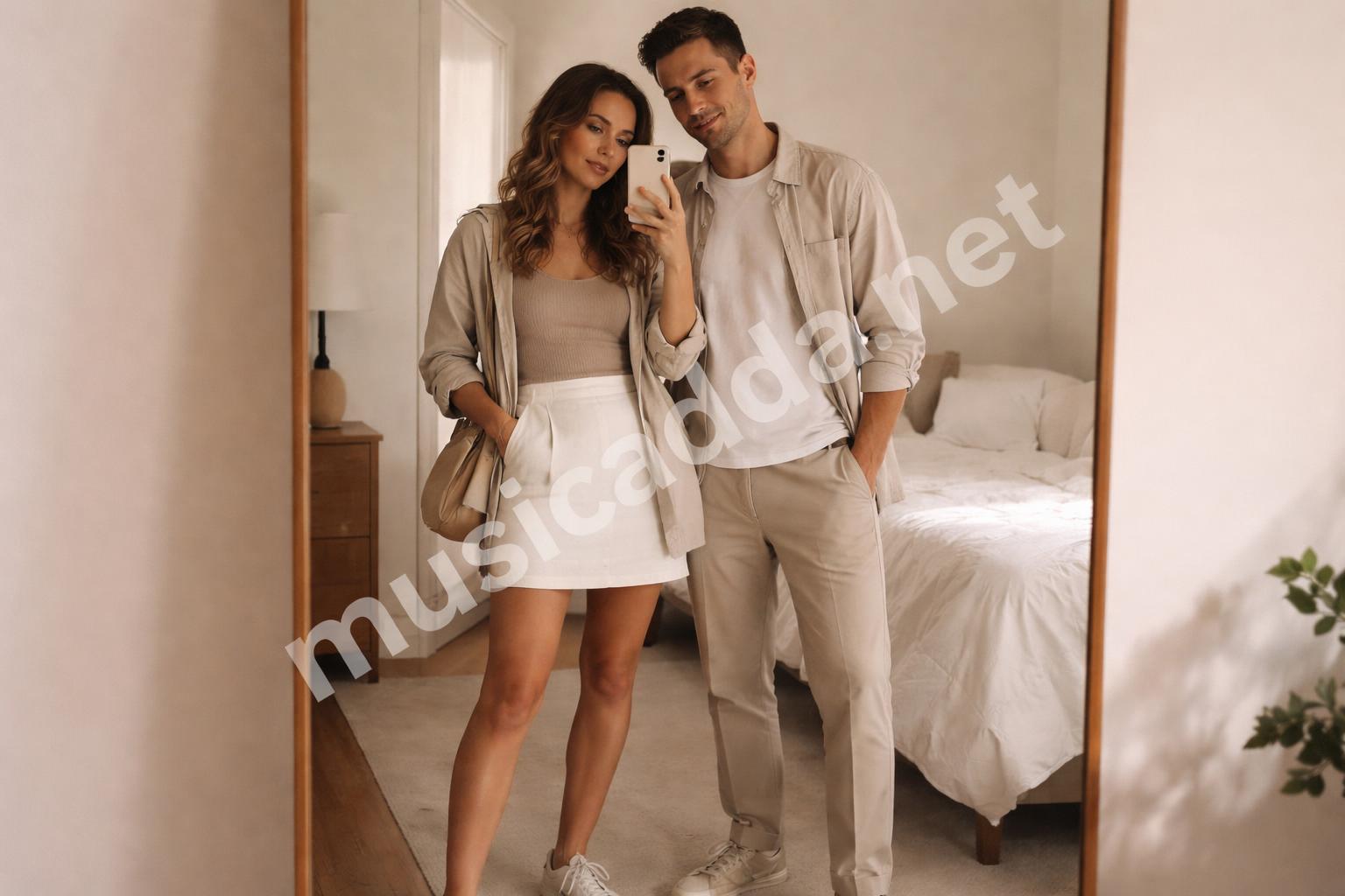 Romantic couple outfit check mirror selfie