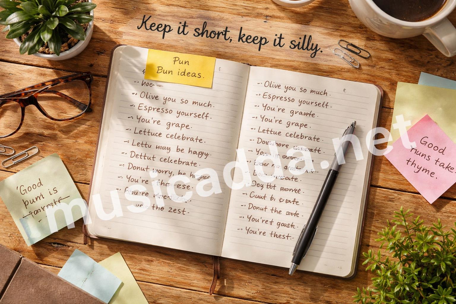 Short funny puns notebook flatlay
