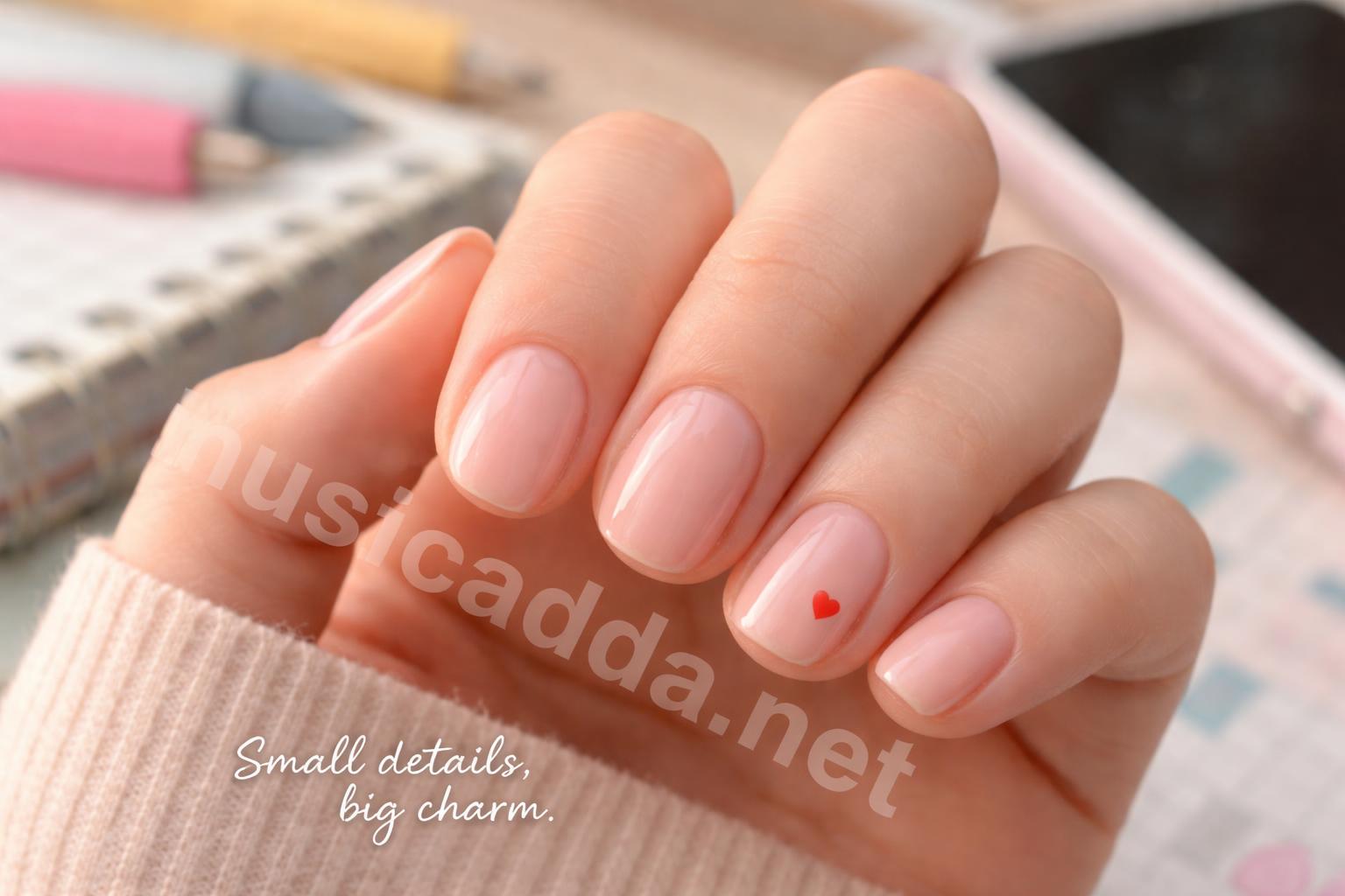 Short teen nails tiny heart design closeup