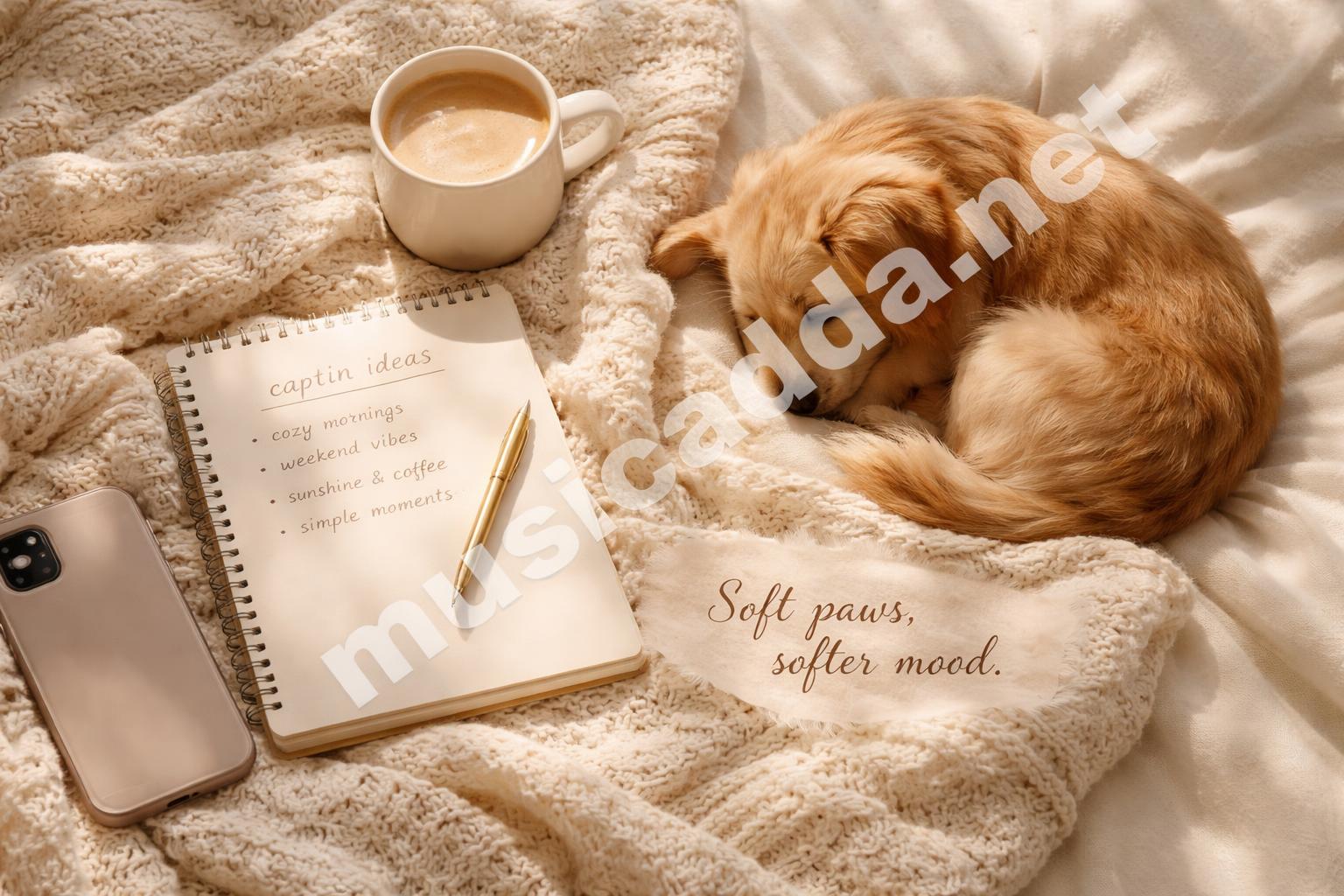 Sleepy pup cute caption flatlay