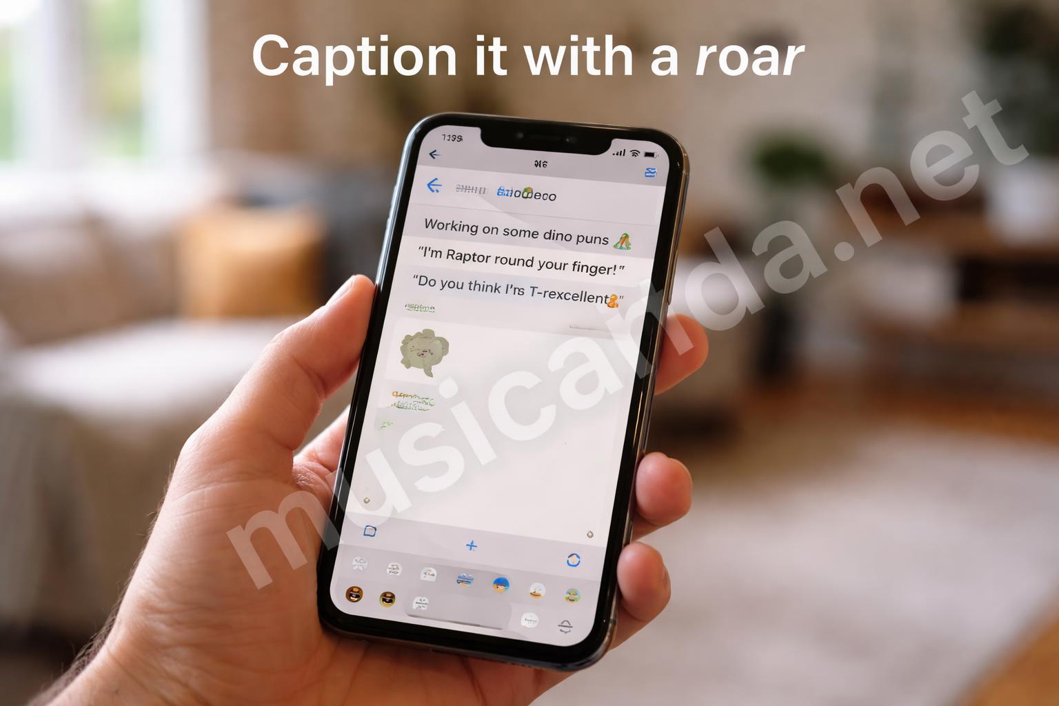 Smartphone screen with dinosaur caption draft