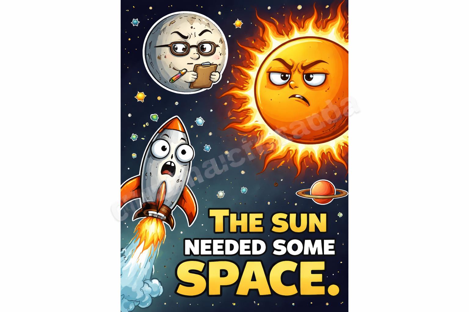 Space themed eclipse puns rocket and moon comic