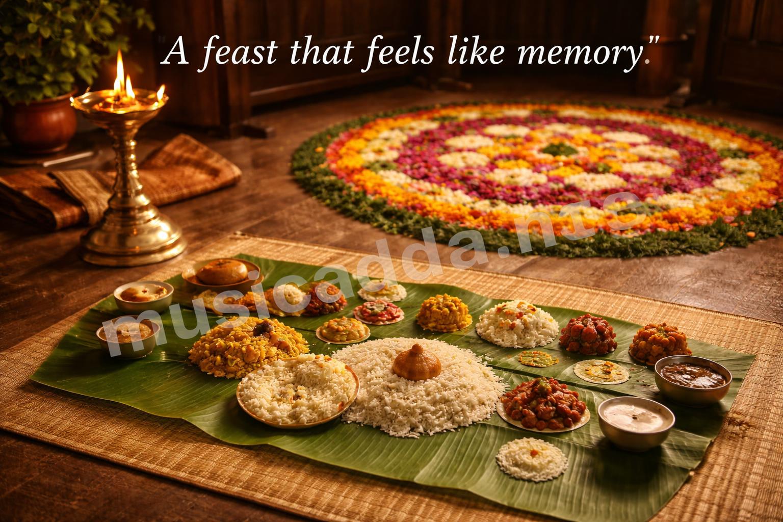 Traditional onam sadya and pookalam setting
