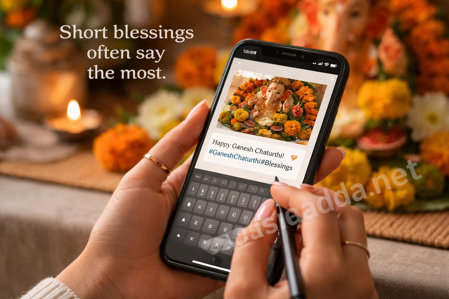 Writing ganesh chaturthi caption on phone