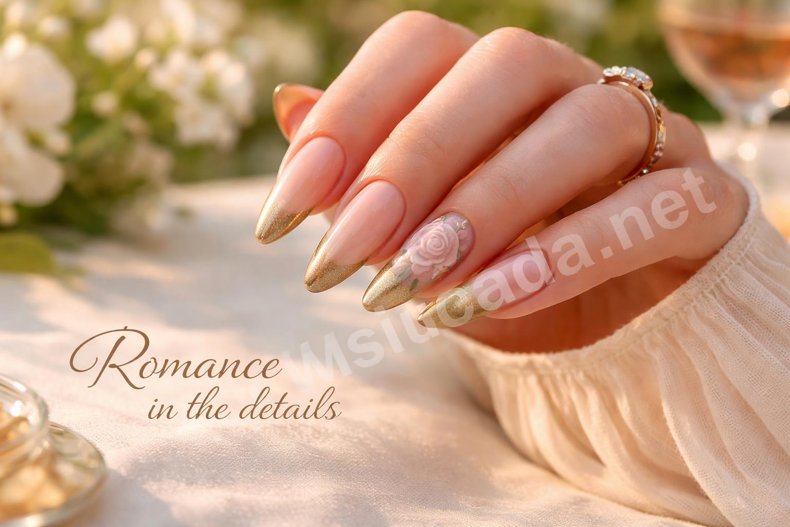 Almond gold french tip roses nail design