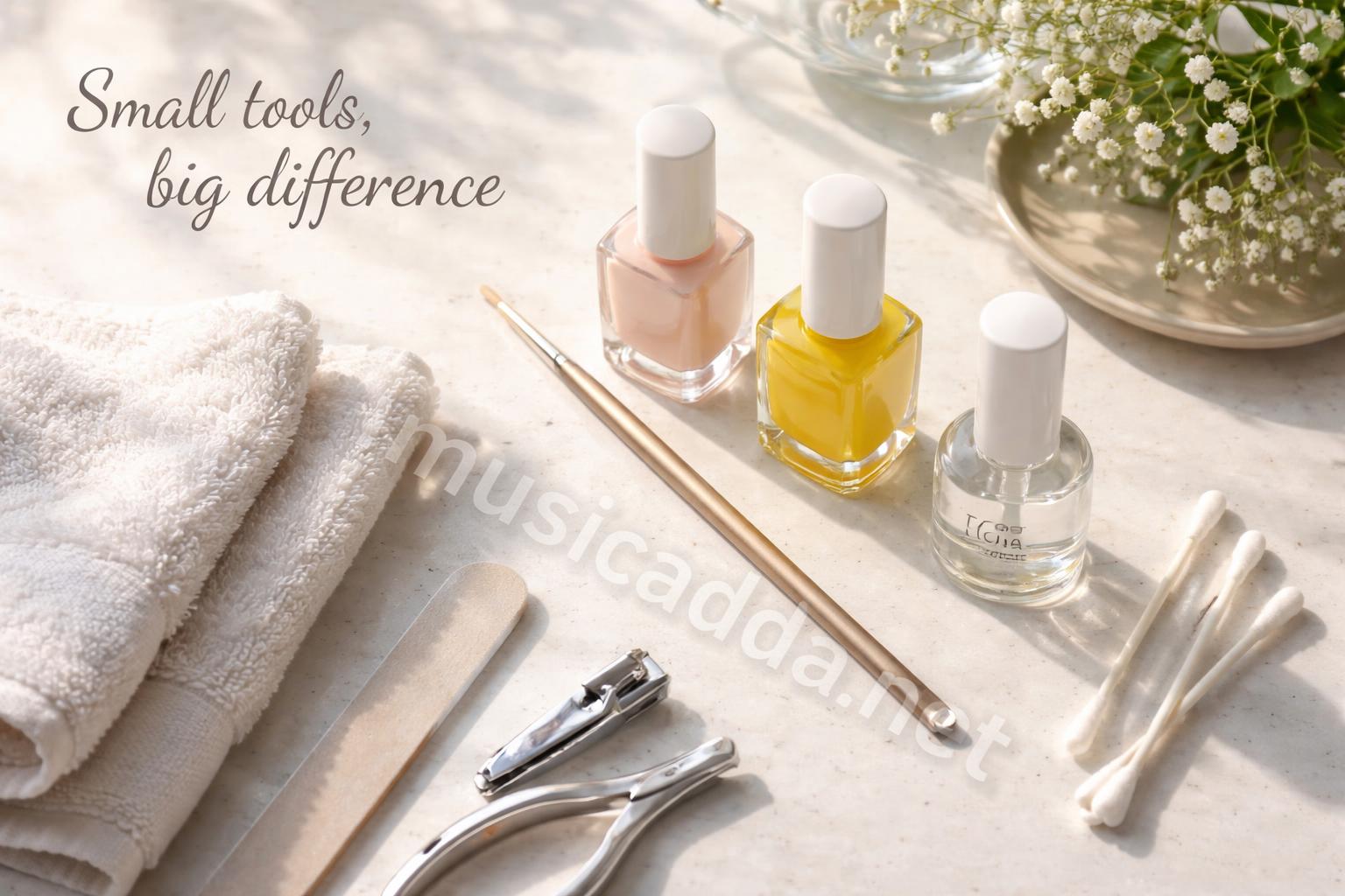At home yellow french tip nail tools flat lay