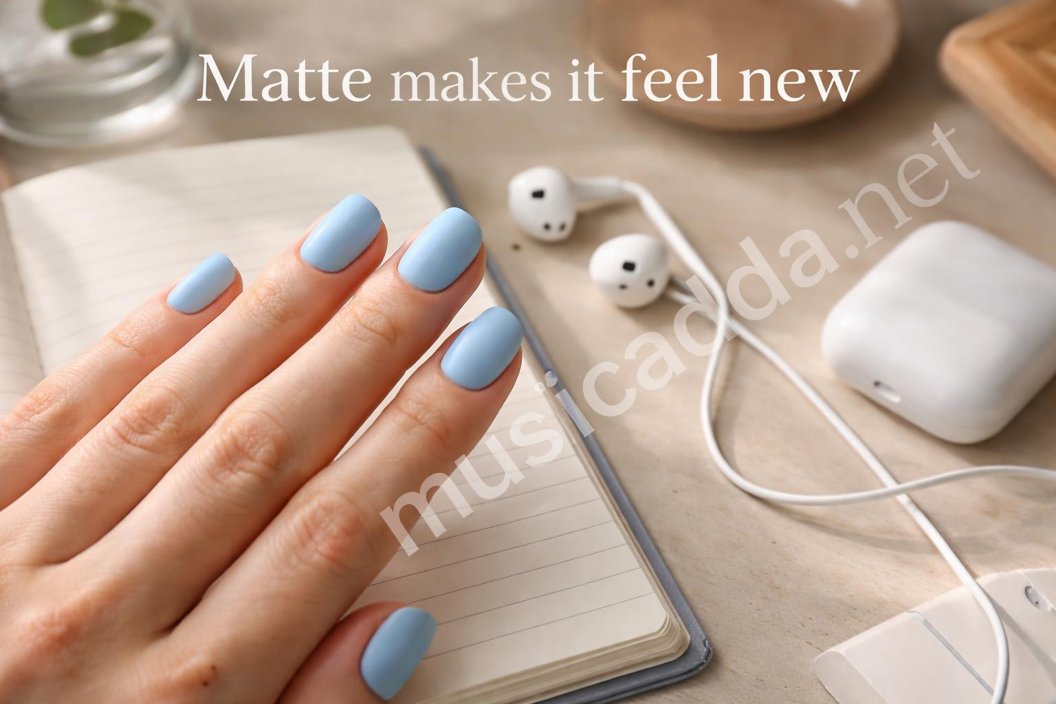 Baby blue matte school nails