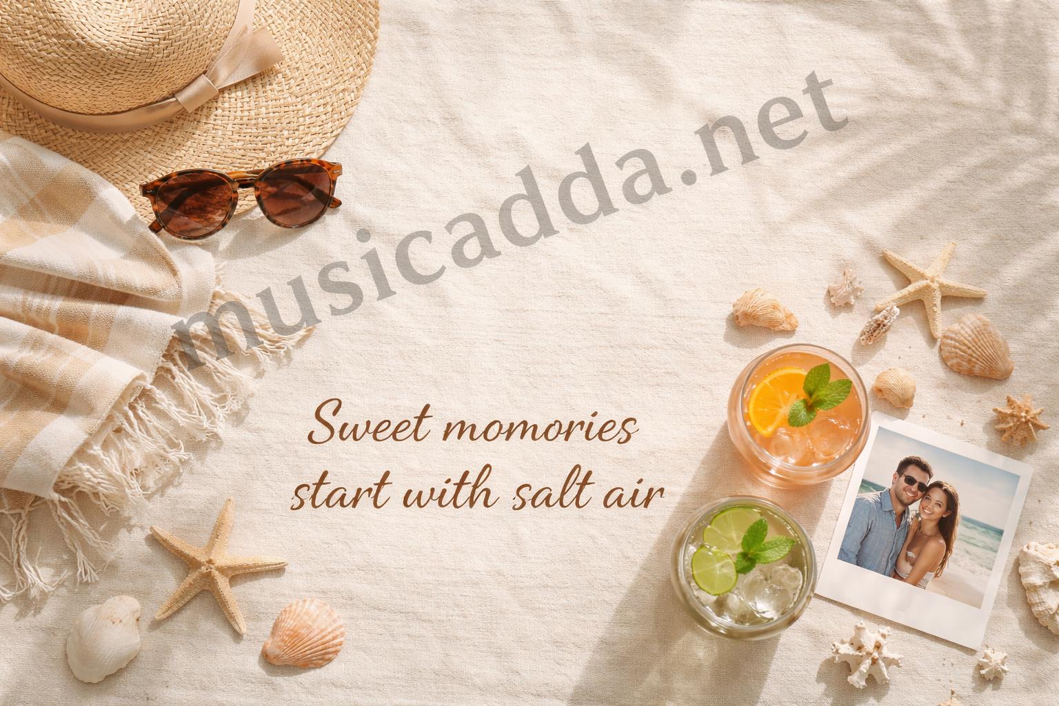 Beach vacation couple photo flatlay captions