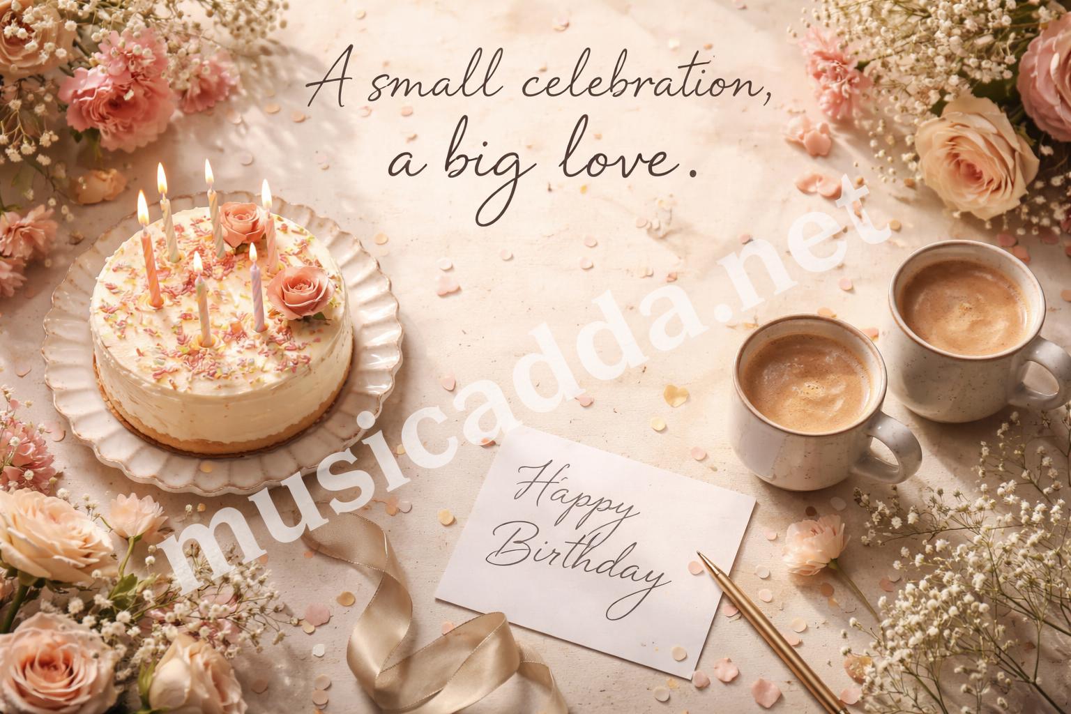 Birthday couple flat lay greeting card cake caption