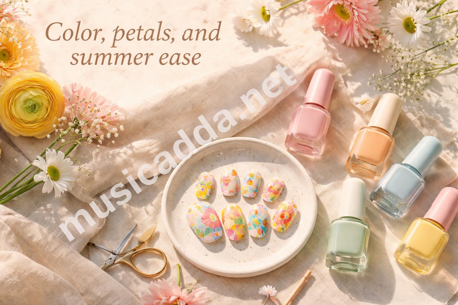 Bright summer floral nail designs pastel table