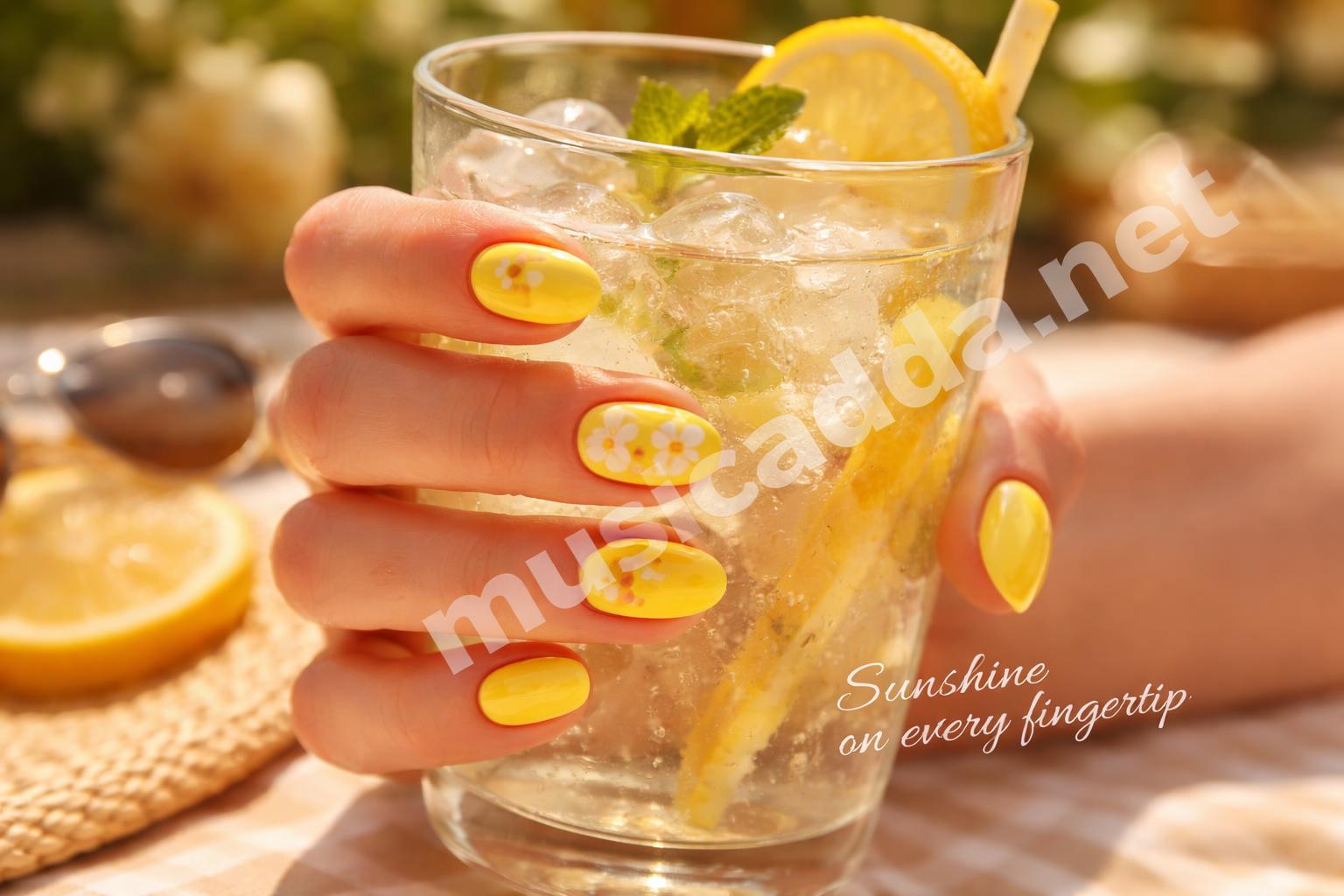 Bright yellow daisy summer manicure