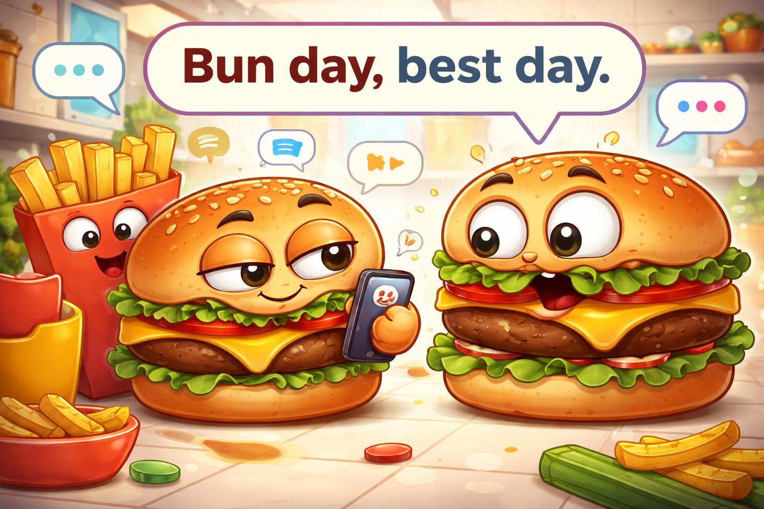 Burger pun text replies cartoon