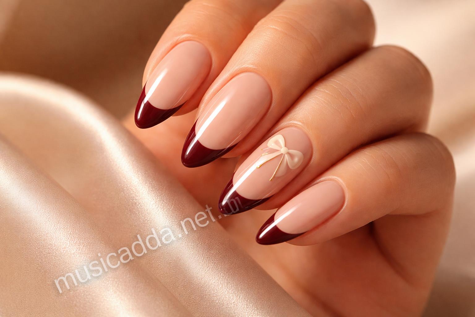 Burgundy french tip almond nails