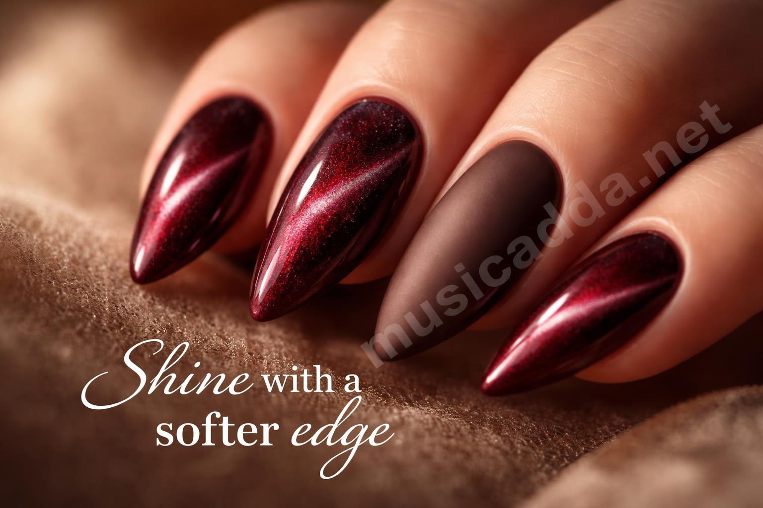 Burgundy velvet and brown nail design closeup