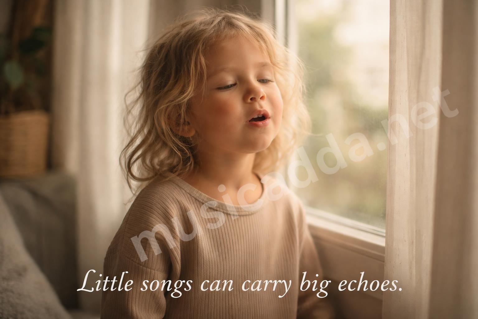 Child humming rhyme near window soft light