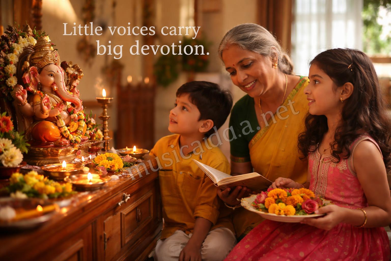 Children learning ganesh aarti with family