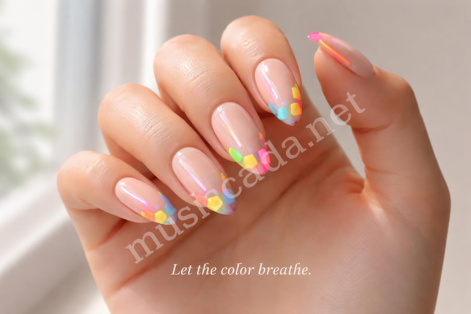Clear space neon tip nail design