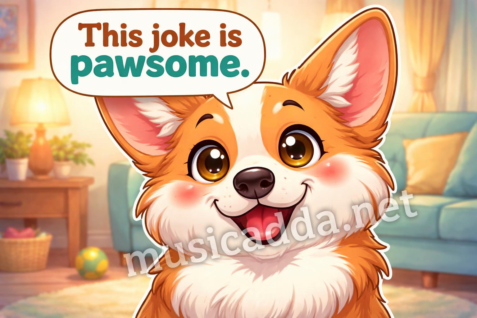 Corgi puns smiling cartoon closeup