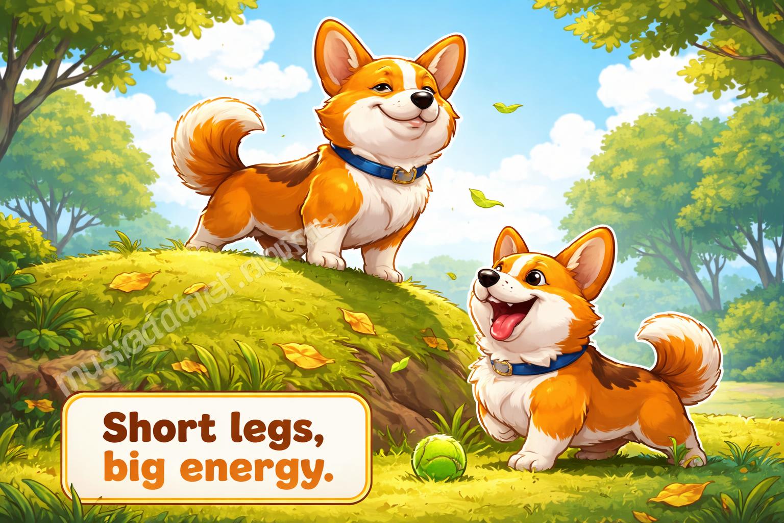 Corgi puns two dogs playful interaction