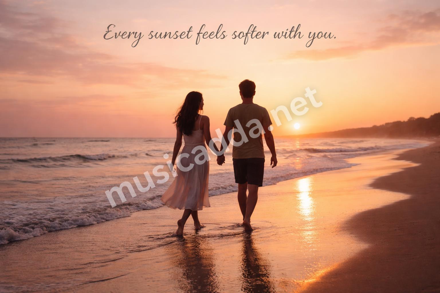 Couple silhouette sunset beach caption
