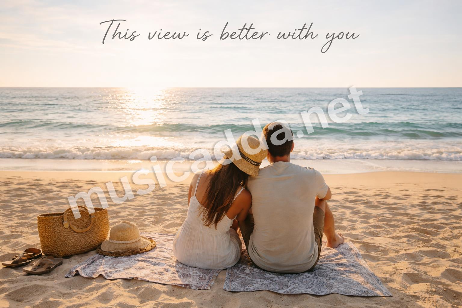 Couple watching ocean vacation ending caption