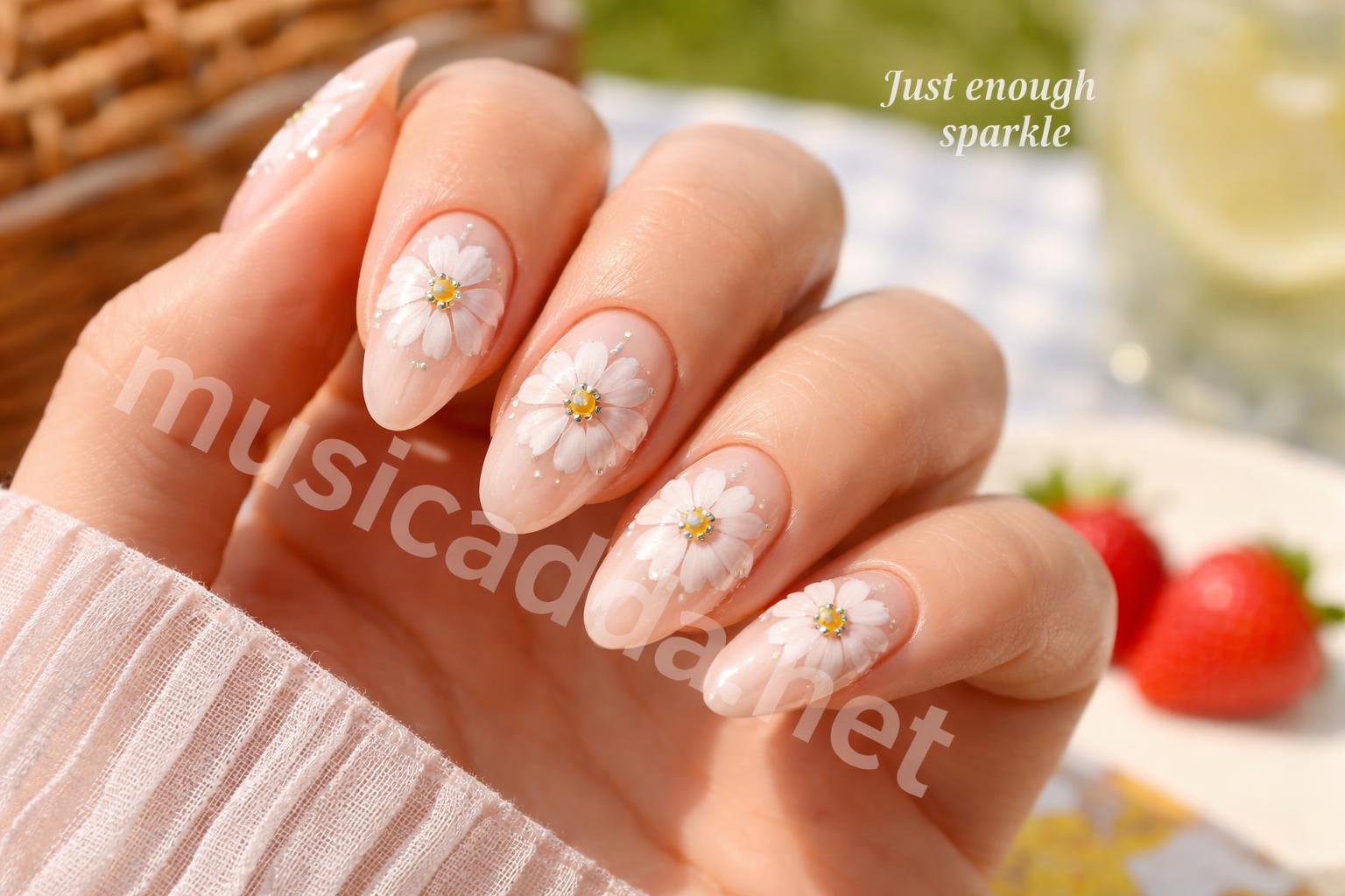 Daisy nails with rhinestone centers